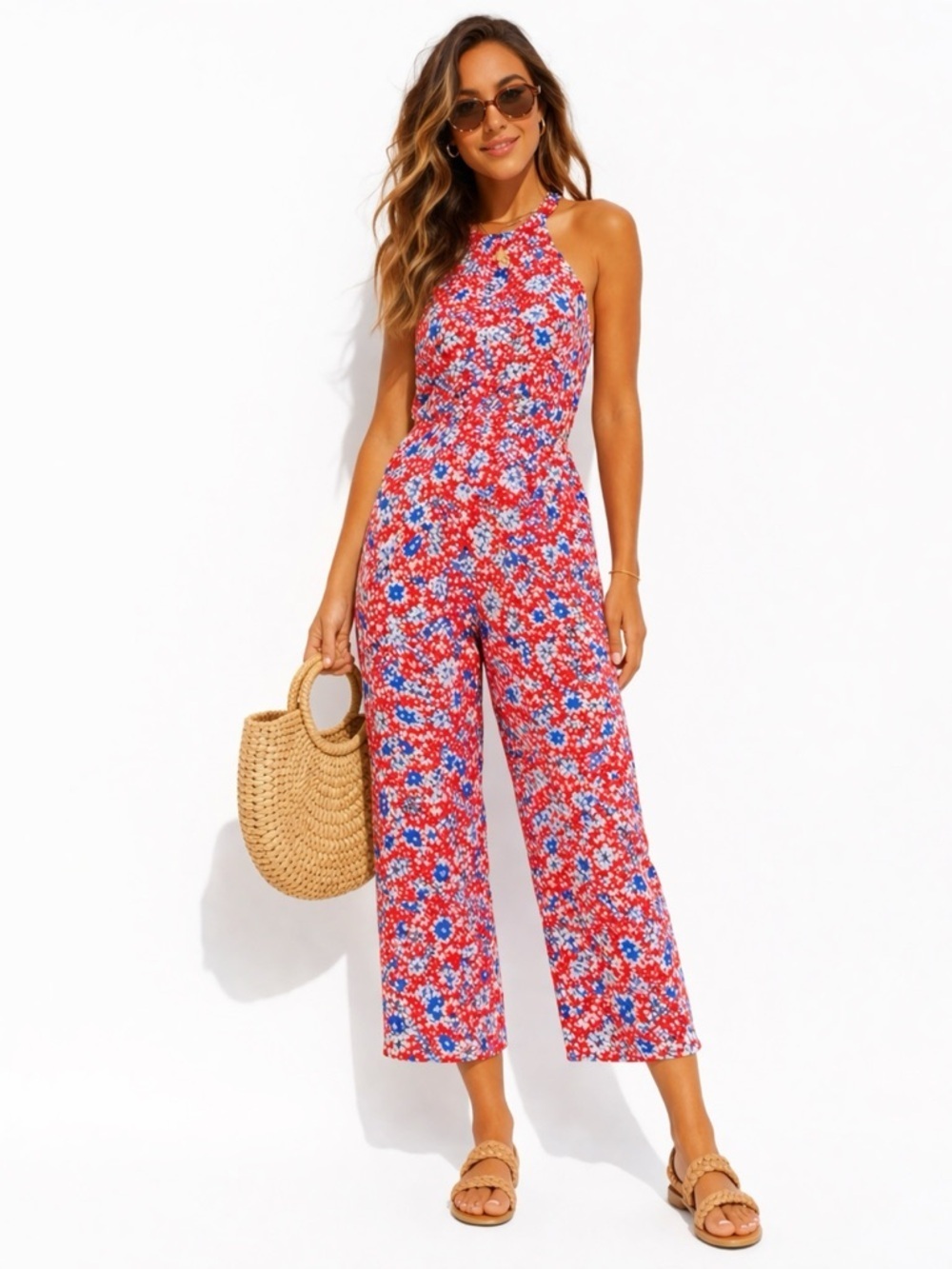 LOFT RED FLORAL PRINT HALTER JUMPSUIT